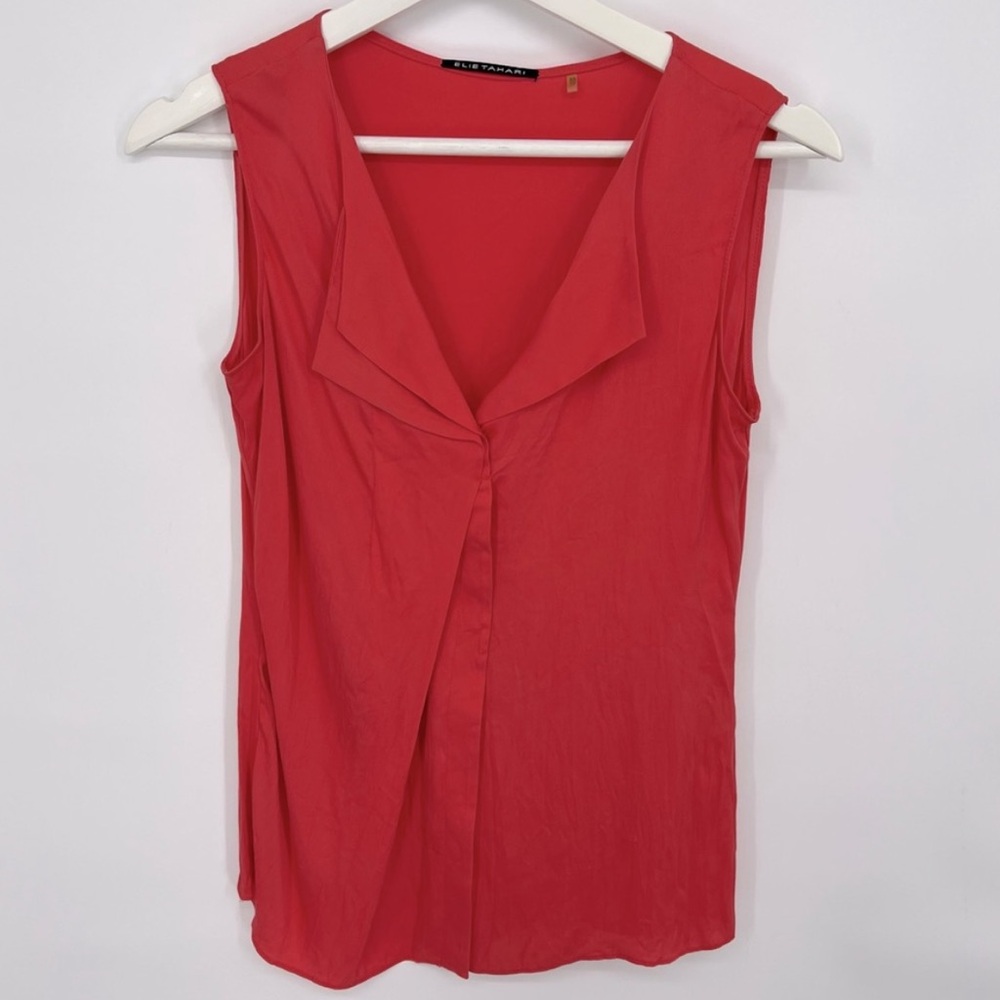 Elie Tahari coral silk blend v-neck sleeveless pleated draped front flowy blouse